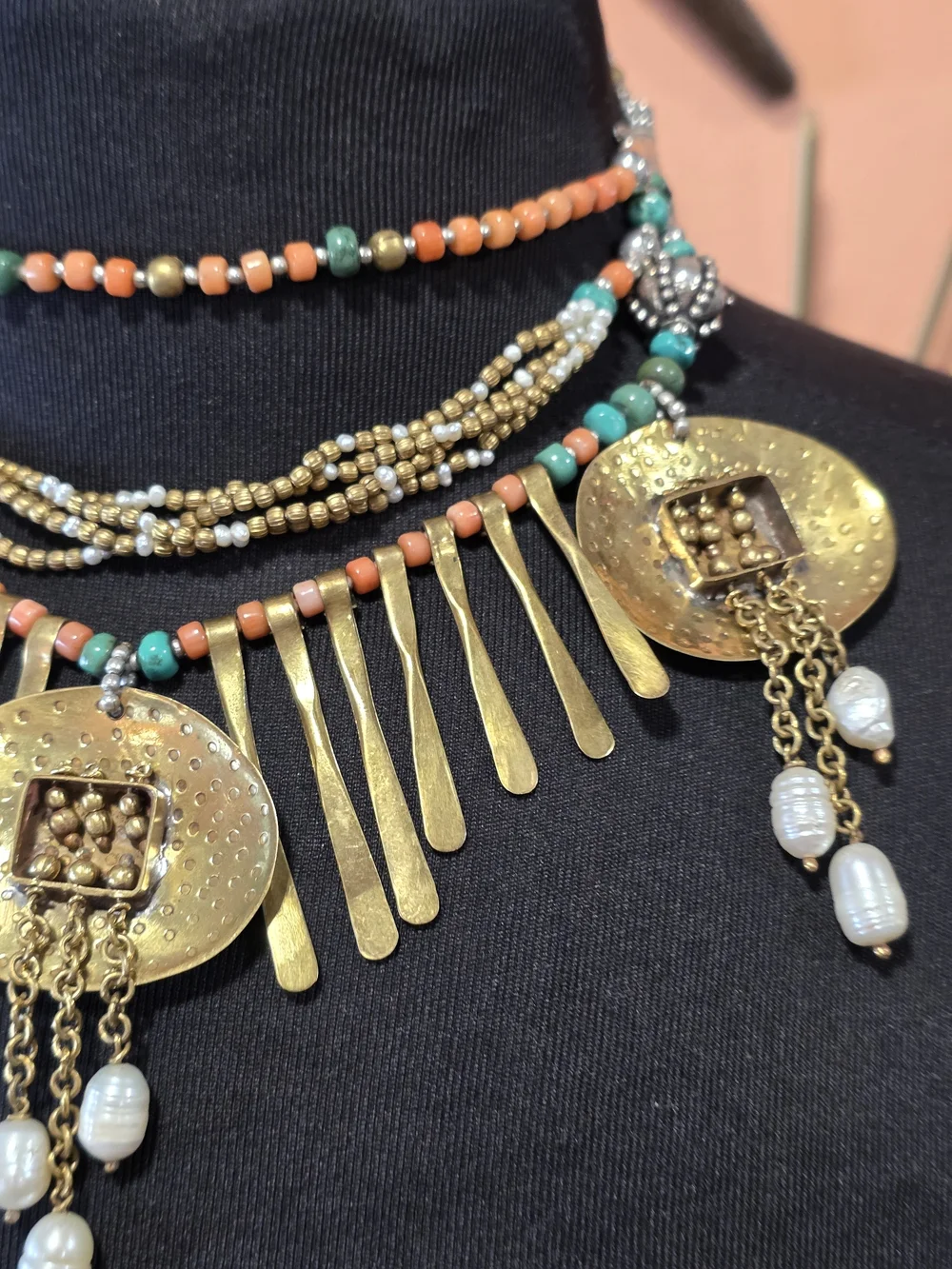 Layered Gold Medallion Necklace with Turquoise and Coral Beads